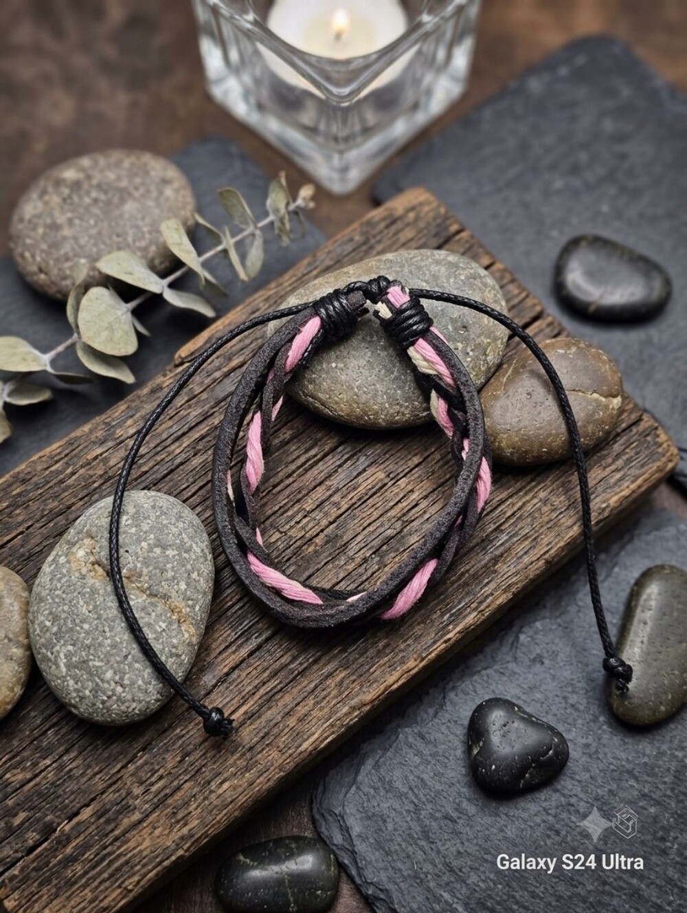 Handcrafted Pink & Black Braided Leather Bracelet